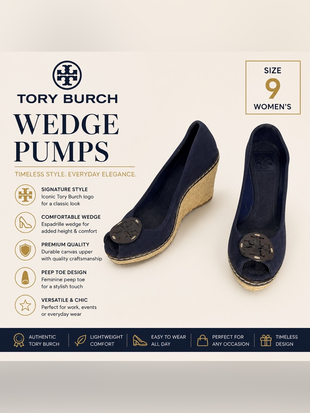 Tory Burch Navy Canvas Peep Toe Wedge Pumps | Women’s Size 9 | Logo Espadrille
